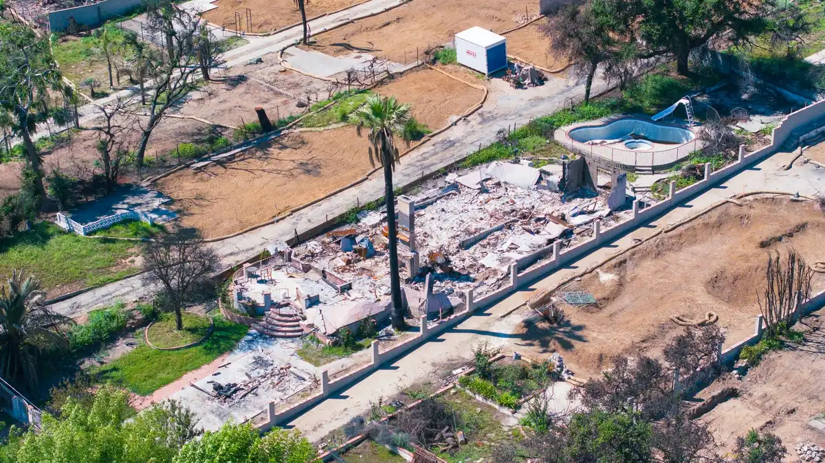 Maisons incendiées et terrains sinistrés dans une zone forestière, avec des fondations vides et débris de reconstruction