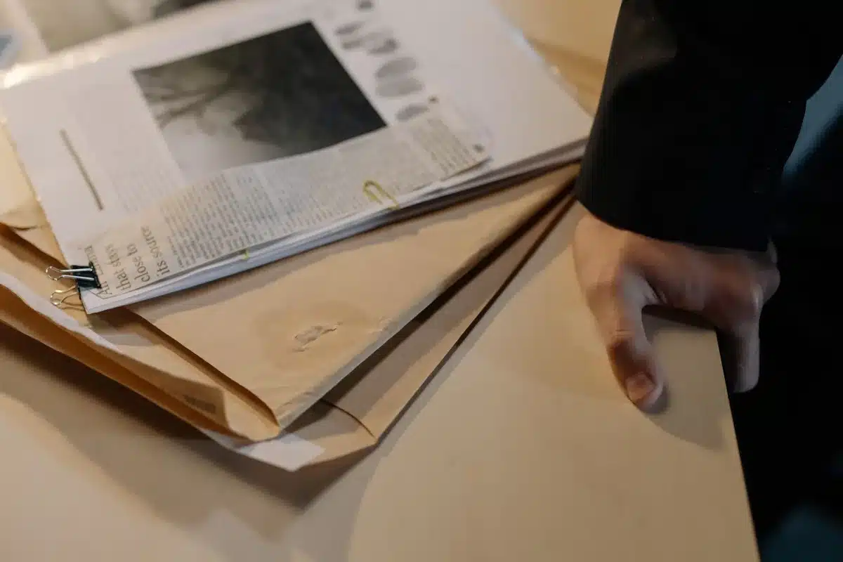 Captures d'écran et documents imprimés rassemblés sur un bureau pour constituer un dossier de plainte