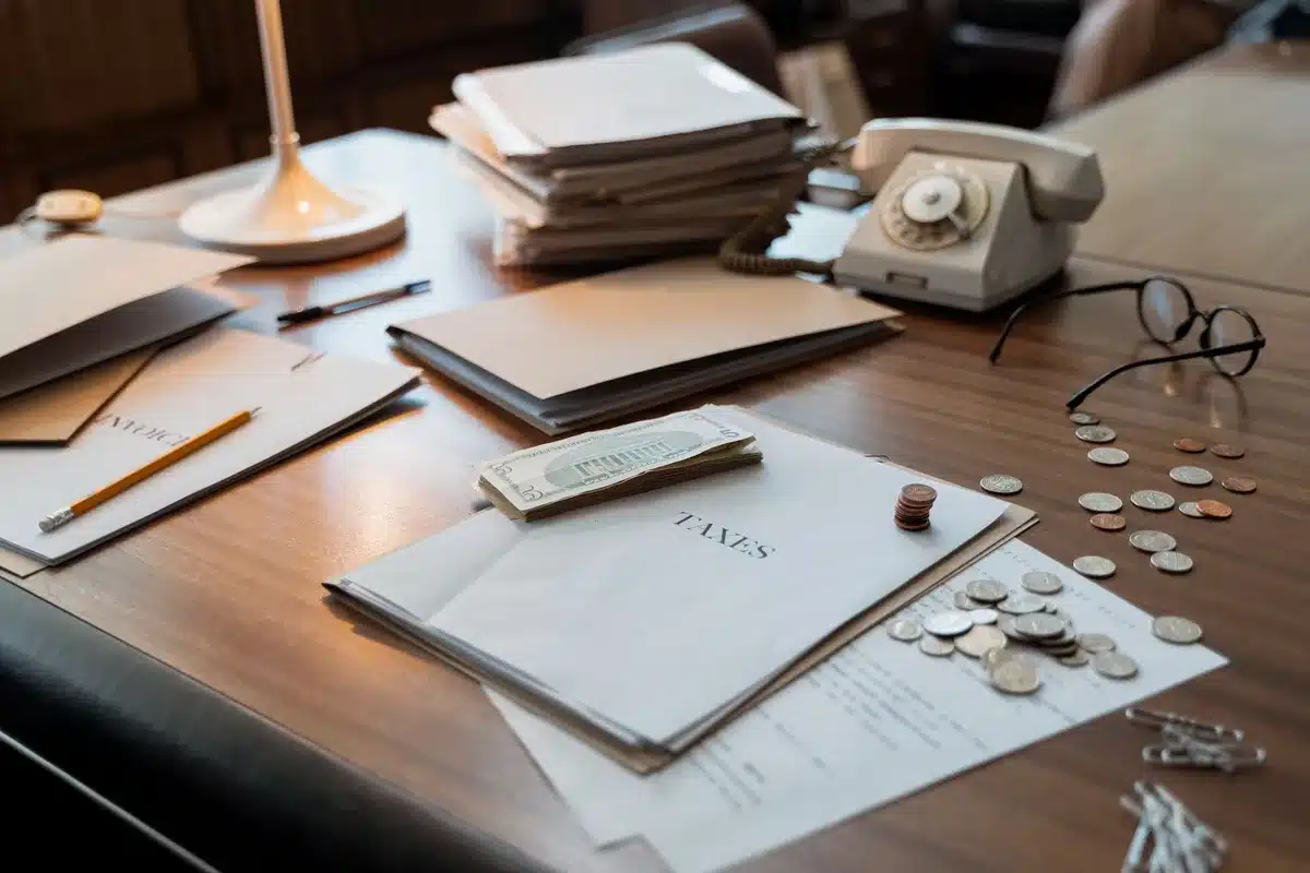 Documents fiscaux et calculs de revenus locatifs sur un bureau