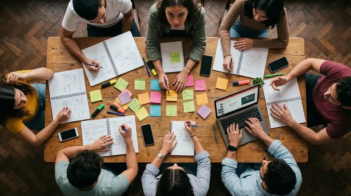 Équipe en atelier collaboratif co-construisant les priorités et objectifs