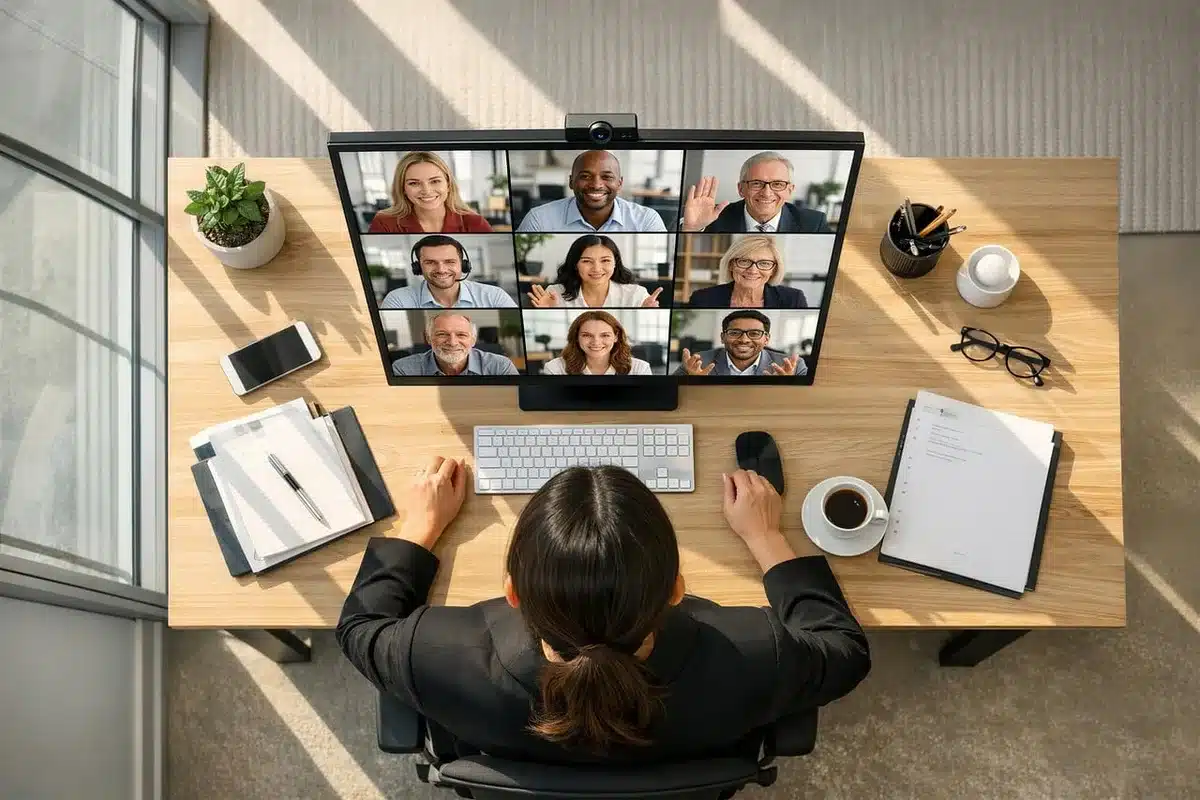 Personne présentant un document lors d'un appel vidéo professionnel