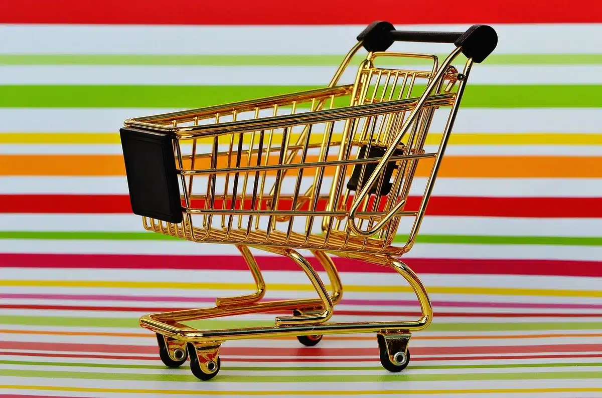 Caddie et rayons partiellement vides dans un supermarché illustrant la modération des prix