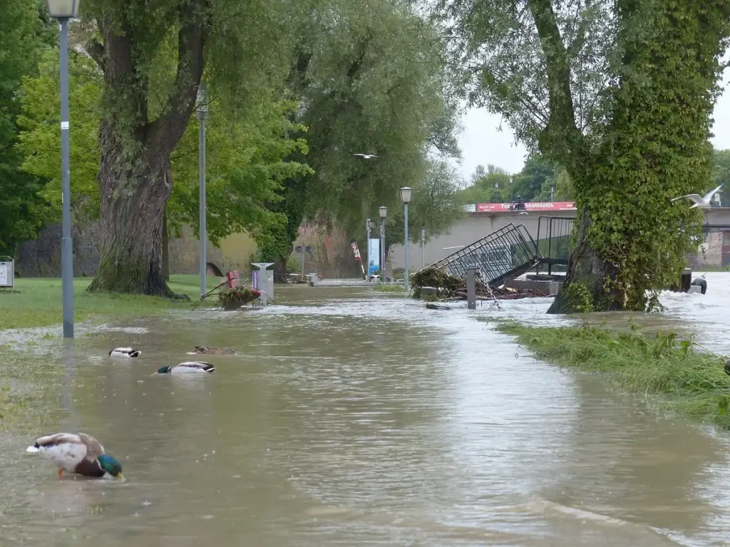 Rue inondée avec des maisons submergées par l'eau et des débris épars