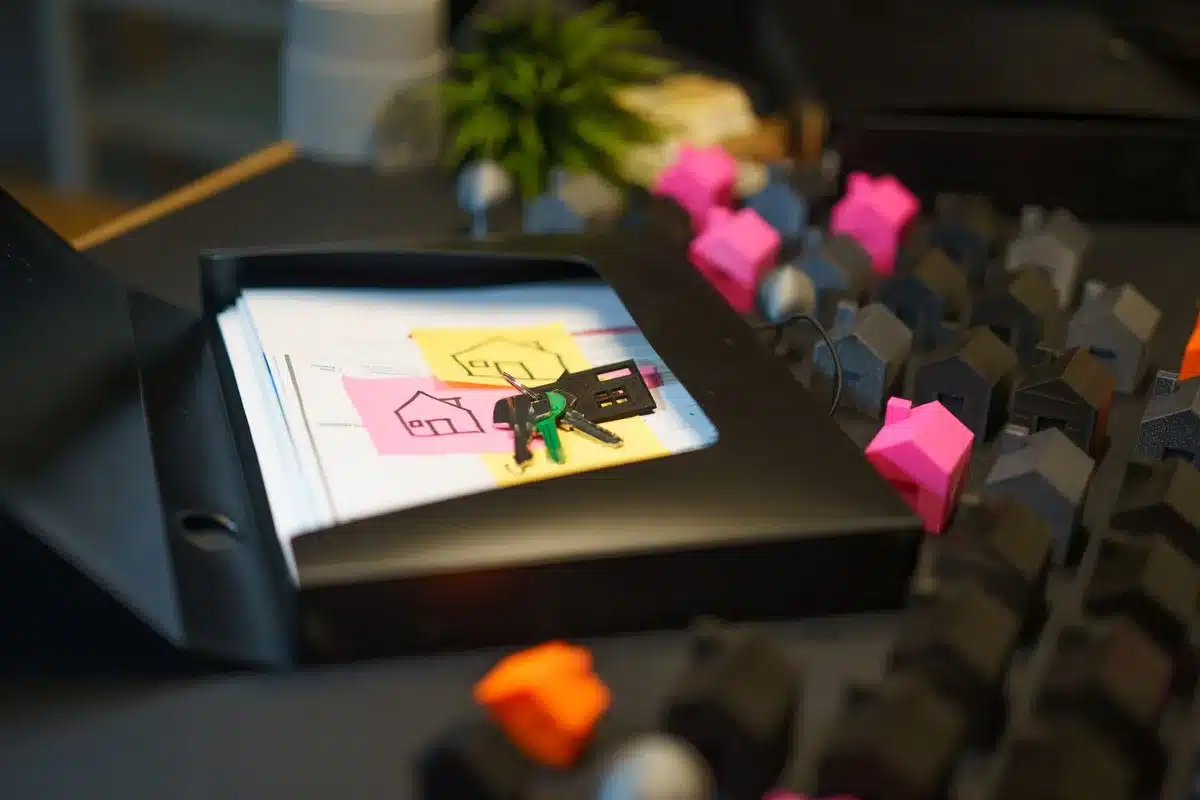 Hands holding a portfolio of property brochures on a desk, calculator and a closed laptop nearby