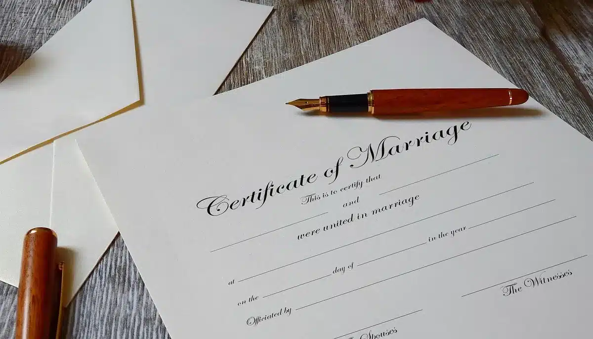 Main tenant des actes de vente et un registre notarial sur une table claire
