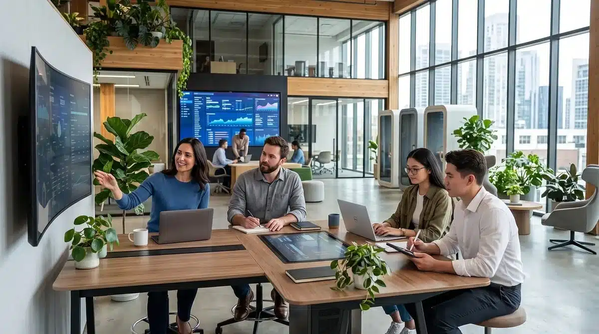 Équipe en visioconférence devant un écran dans un bureau lumineux