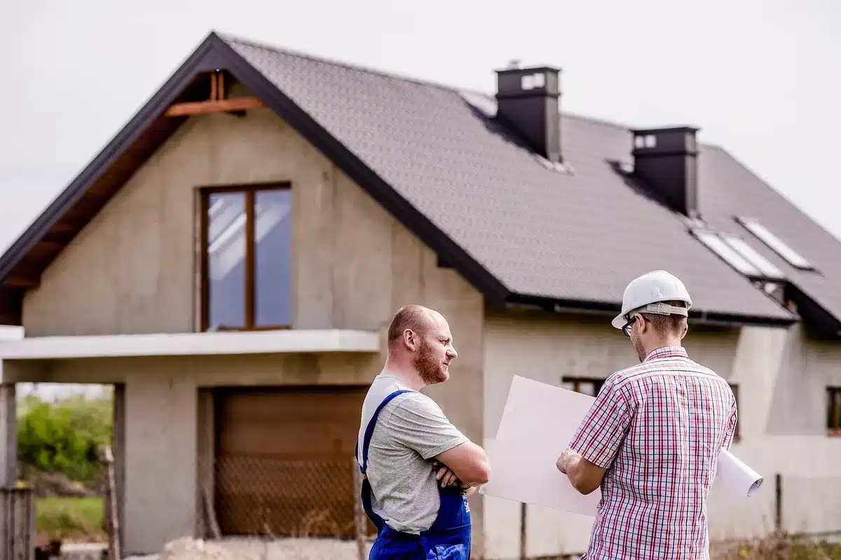 Artisan examinant la toiture d'une maison pour estimer travaux