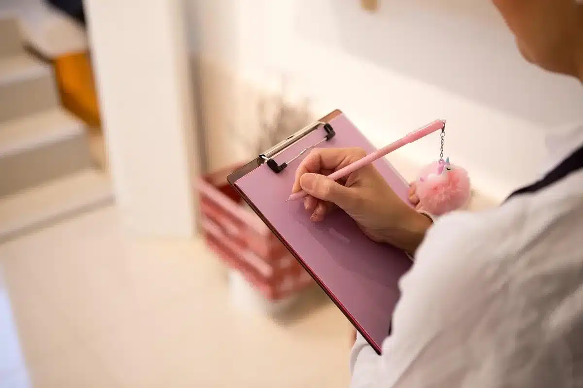 Bureau lumineux avec ordinateur portable, carnet et mains anonymes en train de taper