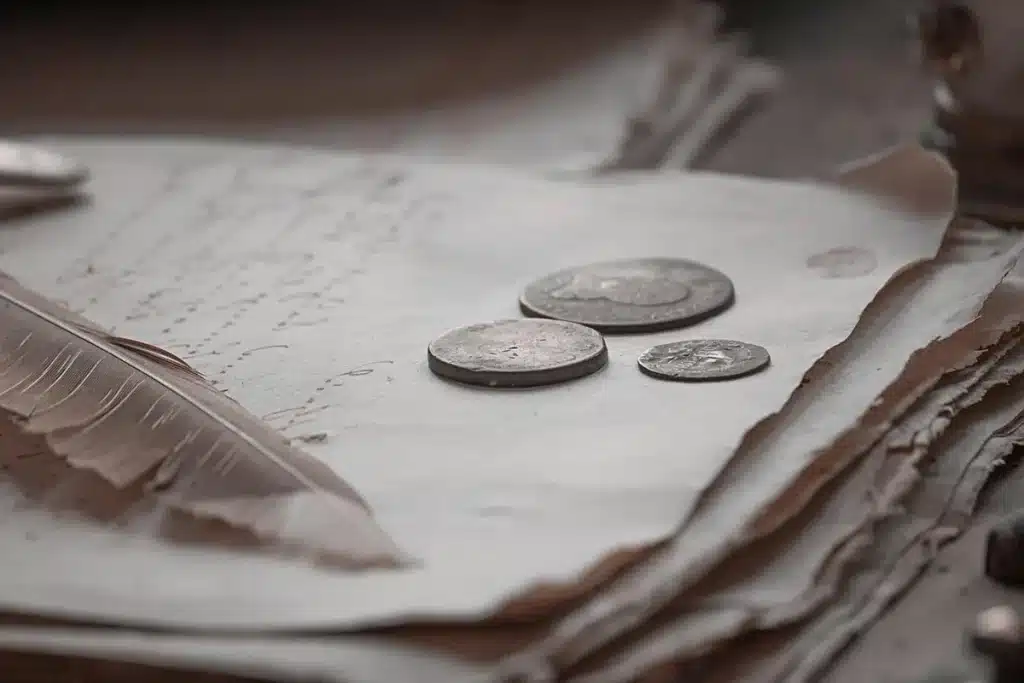 Bureau en journée avec documents et calculatrice, carte bancaire floue en arrière-plan