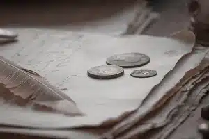 Bureau en journée avec documents et calculatrice, carte bancaire floue en arrière-plan