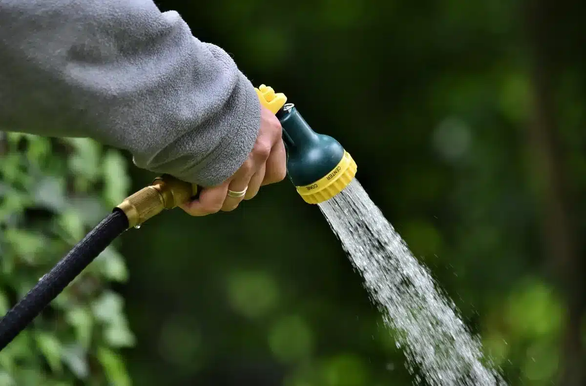 Gouttières et récupérateur d'eau de pluie proche d'un jardin